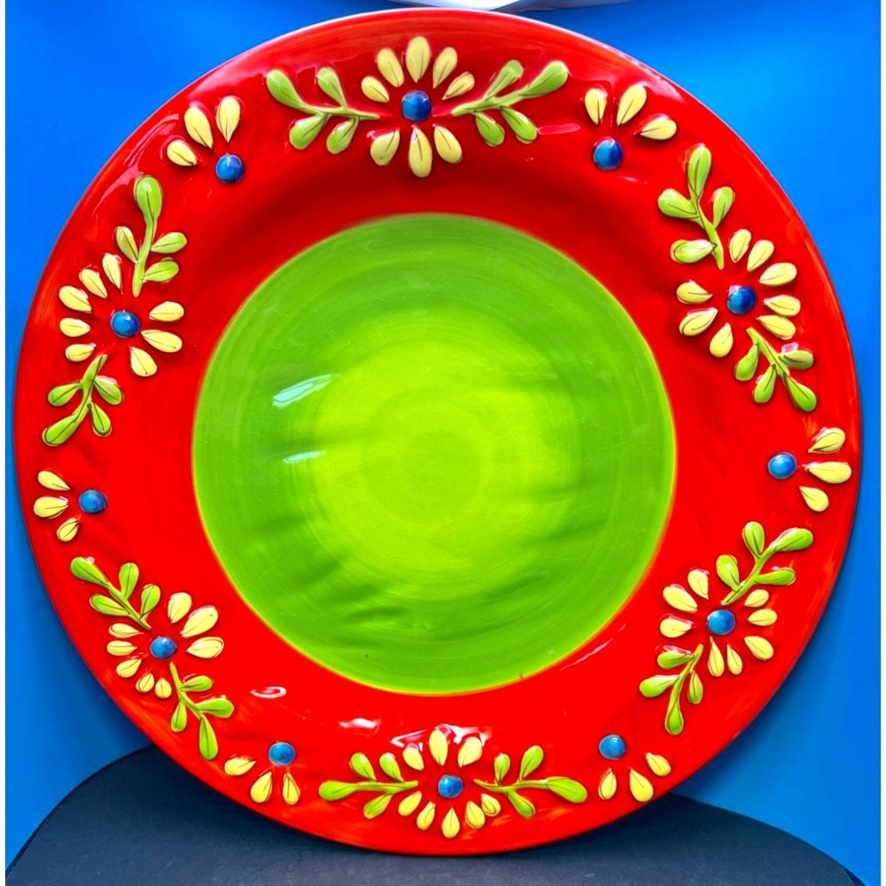 Pier One Flores Dinner Plates Ceramic 3D Red Floral Heavy Set of 2 Discontinued